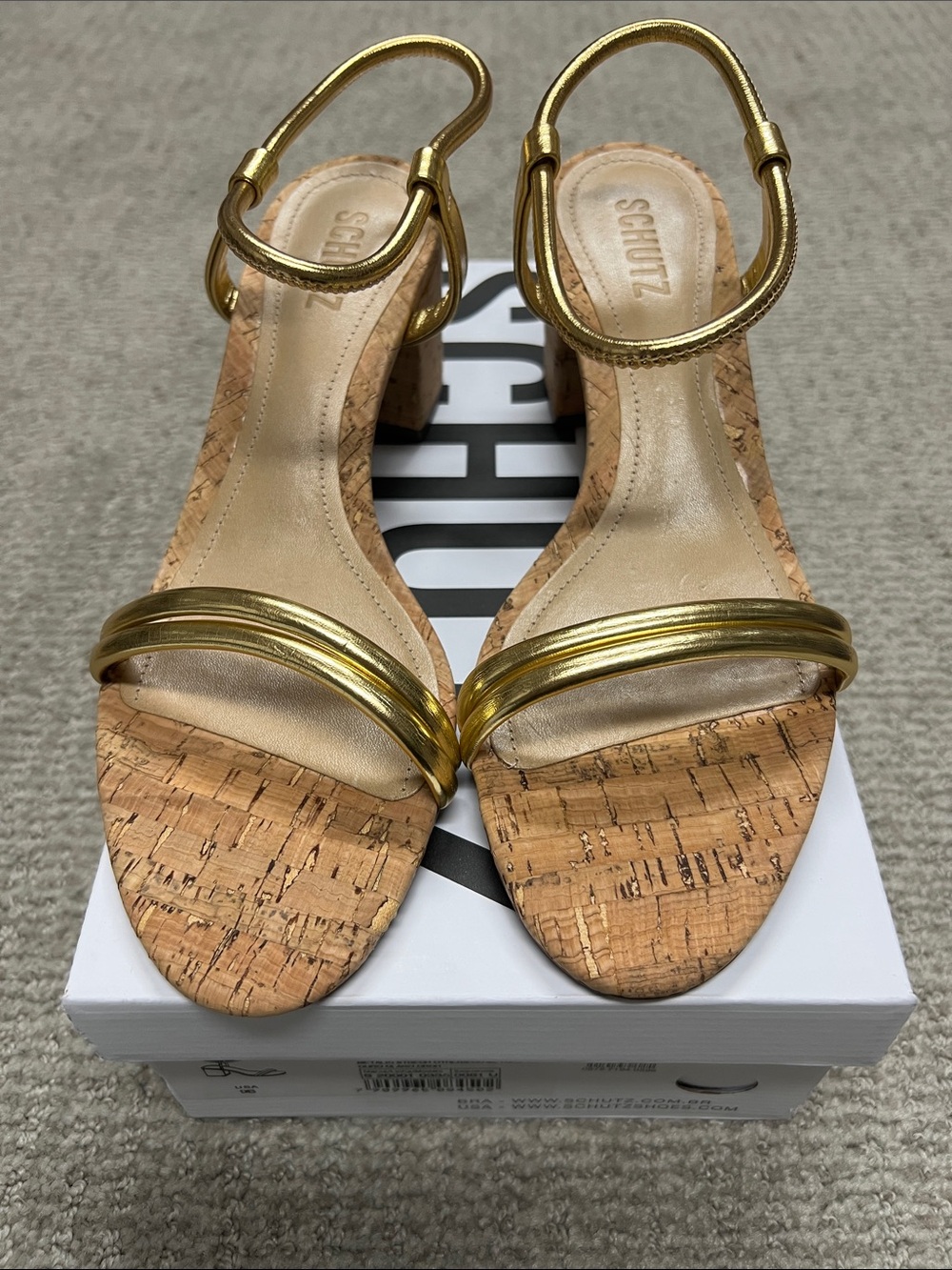 SCHUTZ Metallic Gold Cork Block Heel Sandals
